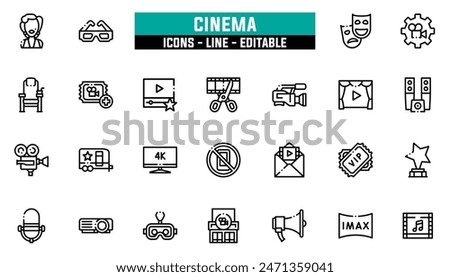 25 cinema icons set, vector line, editable stroke.