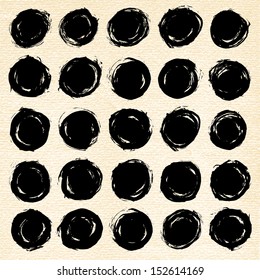 25 circle form black brush stroke. Drawing created in ink sketch handmade technique. Shapes on beige paper watercolor texture background. Vector illustration design element in 8 eps