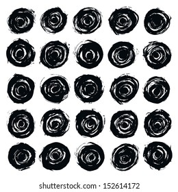 25 circle form black brush stroke on white background. Drawing created in ink sketch handmade technique. Vector illustration design element save in 8 eps