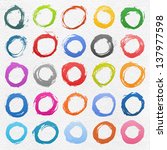 25 circle form brush stroke. Drawing created in ink sketch handmade technique. Colors shapes on white watercolor texture paper background. Vector illustration clip-art design element 10 eps