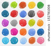 25 circle form brush stroke. Rounded colored shapes on white watercolor texture paper background. Drawing created in ink sketch handmade technique. Vector illustration design element 10 eps