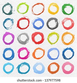 25 circle form brush stroke. Drawing created in ink sketch handmade technique. Colors shapes on white watercolor texture paper background. Vector illustration clip-art design element 10 eps
