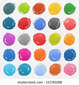 25 circle form brush stroke. Rounded colored shapes on white watercolor texture paper background. Drawing created in ink sketch handmade technique. Vector illustration design element 10 eps
