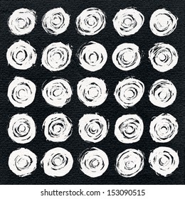 25 circle form brush stroke. White shapes on dark gray watercolor texture paper background. Drawing created in ink sketch handmade technique. Vector illustration  design element in 10 eps