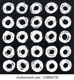 25 circle form white brush stroke. Drawing created in ink sketch handmade technique. Shapes on black paper watercolor texture background. Vector illustration design element in 10 eps