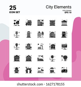 25 City Elements Icon Set. 100% Editable EPS 10 Files. Business Logo Concept Ideas Solid Glyph icon design