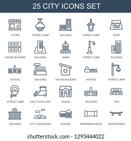 25 city icons. Trendy city icons white background. Included outline icons such as store, street lamp, building, shop, house builidng, bank, school. city icon for web and mobile.