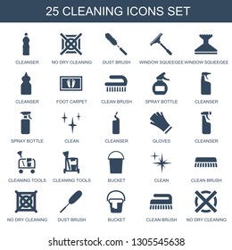 25 cleaning icons. Trendy cleaning icons white background. Included filled icons such as cleanser, no dry cleaning, dust brush, window squeegee. icon for web and mobile.