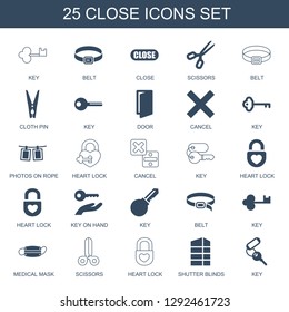 25 close icons. Trendy close icons white background. Included filled and line icons such as key, belt, scissors, cloth pin, door, cancel, photos on rope. close icon for web and mobile.