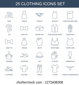 25 clothing icons. Trendy clothing icons white background. Included line icons such as iron, dress, cravat, singlet, washing machine, tie, bow tie. clothing icon for web and mobile.