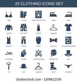 25 clothing icons. Trendy clothing icons white background. Included filled icons such as bra, glove, washing machine, iron, jacket, life vest. clothing icon for web and mobile.