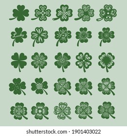 25 Clover leaf design elements, engraving, print on product and so on. Vector illustration