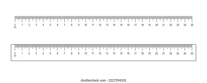 25 cm ruler and scale isolated on white background. Math or geometric tool for distance, height or length measurement with markup and centimetres numbers. Vector outline illustration.