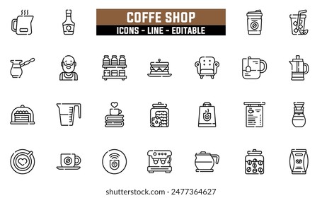 25 set de iconos de cafetería, línea de Vector, trazo editable.