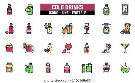 25 cold drinks icons set, vector line, editable stroke.