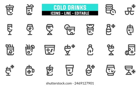 25 cold drinks icons set, vector line, editable stroke.