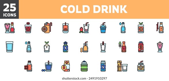 25 cold drinks icons set, vector line, editable stroke.