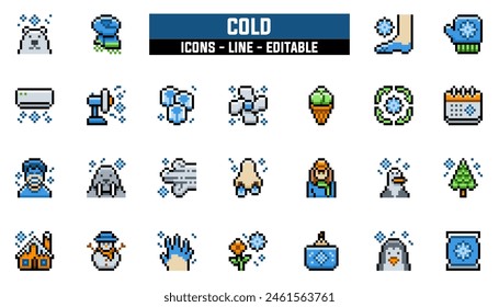 25 cold icons set, vector line, editable stroke.