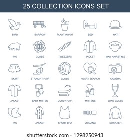 25 collection icons. Trendy collection icons white background. Included line icons such as bird, barrow, plant in pot, bed, hat, pig, globe. collection icon for web and mobile.