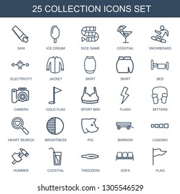 25 collection icons. Trendy collection icons white background. Included outline icons such as saw, ice cream, dice game, cocktail, snowboard. collection icon for web and mobile.