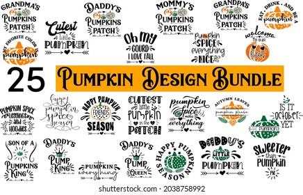 25 Colección de calabaza Halloween otoño otoño elementos de diseño con letras de la mano. Conjunto de plaquetas vectoriales de caída de calabaza citas frases para impresión y decoración.