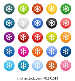 25 color satin button with snowflake sign. Round shape with gray drop shadow on white background