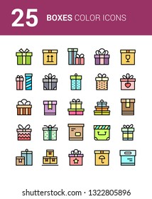 25 Color vector box icons with ribbons for web site and mobile design. Package, gift, present, happy birthday, party box icons set