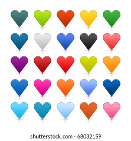 25 colored heart icon web 2.0 buttons with shadow and reflection on white background