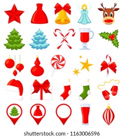 25 colorful cartoon christmas elements. New year holiday decorations. Xmas themed vector illustration for icon, logo, sticker, patch, label, sign, badge, certificate or gift card decoration