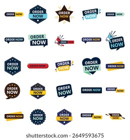25 colorful “Order Now” vector icons for websites, apps, and social media. Fully editable EPS files. Perfect for banners, CTA buttons, ads, and e-commerce use.