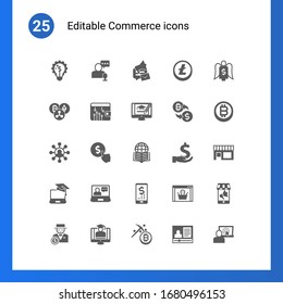 25 commerce filled icons set isolated on . Icons set with Marketing solutions, online store, social media campaign, Cryptocurrency, digital wallet, online business, Affiliate marketing icons.
