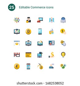 25 Handels-Flachsymbole einzeln auf . Symbole mit Affiliate Marketing, reicher Mann, E-Commerce-Plattform, Einkaufswagen, Bitcoin, Digital Banking, E-Commerce-Lösungen Symbole.