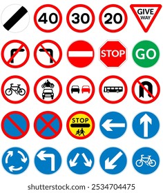 25 common UK Road Signs isolated on a transparent background