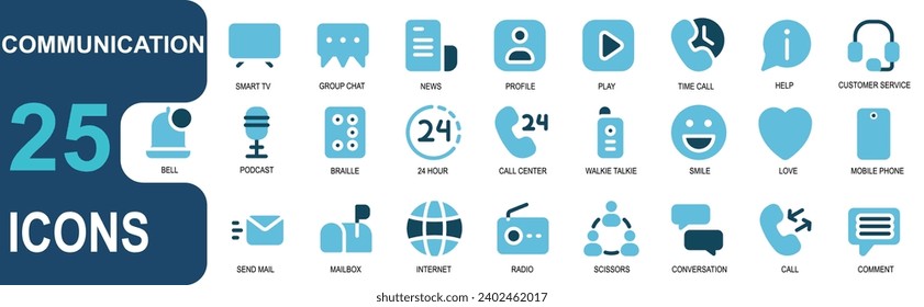 25 communication icons.duo tone style.contains heart,love,cellphone,send email,email box,internet,globe.vector illustration.stroke can be edited.