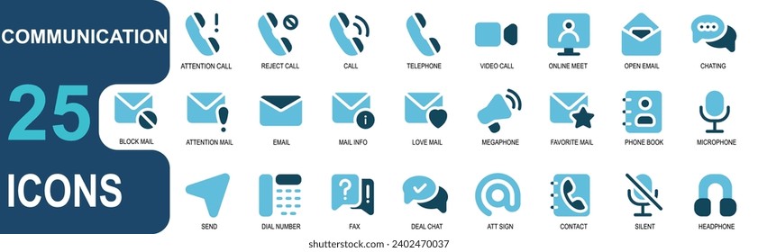 25 communication icons.duo tone style.contains mic,audio,message,send,phone,phone number,faq,share,deal,at sign,sign,email,phone,conversation.vector illustration.editable stroke.