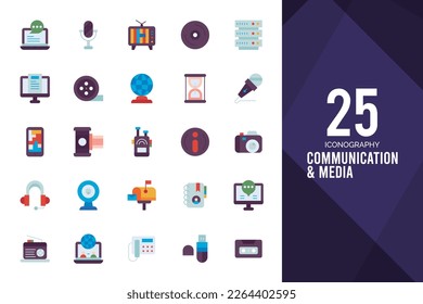 25 Communication And Media Flat icon pack. vector illustration.