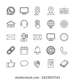 25 communication and technology line icons for web and mobile applications, minimalist digital UI symbol collection