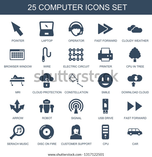 25\
computer icons. Trendy computer icons white background. Included\
filled icons such as pointer, laptop, operator, fast forward,\
cloudy weather. computer icon for web and\
mobile.