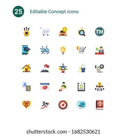 25 iconos de concepto plano establecidos aislados en . Iconos con Fork, Exam a Distancia, alquiler de Camiones, SiteMap, Aprendizaje Asincrónico, Idea, casa, logros, colega, iconos de servicio de traducción.