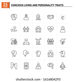 25 Concious Living And Personality Traits icon set. vector background