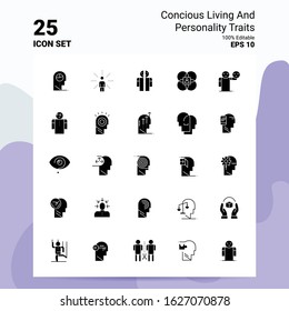 25 Concious Living And Personality Traits Icon Set. 100% Editable EPS 10 Files. Business Logo Concept Ideas Solid Glyph icon design