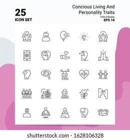 25 Concious Living And Personality Traits Icon Set. 100% Editable EPS 10 Files. Business Logo Concept Ideas Line icon design