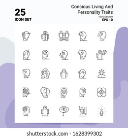 25 Concious Living And Personality Traits Icon Set. 100% Editable EPS 10 Files. Business Logo Concept Ideas Line icon design