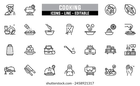 25 cooking icons set, vector line, editable stroke.