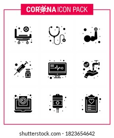 25 Coronavirus Emergency Iconset Blue Design such as  medical monitor; vaccine; arm; syringe; drugs viral coronavirus 2019-nov disease Vector Design Elements