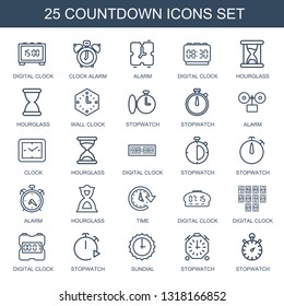 25 countdown icons. Trendy countdown icons white background. Included outline icons such as digital clock, clock alarm, alarm, hourglass, wall clock. countdown icon for web and mobile.