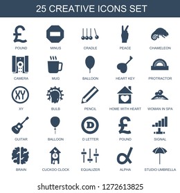 25 creative icons. Trendy creative icons white background. Included filled icons such as pound, minus, cradle, peace, chameleon, camera, mug. creative icon for web and mobile.
