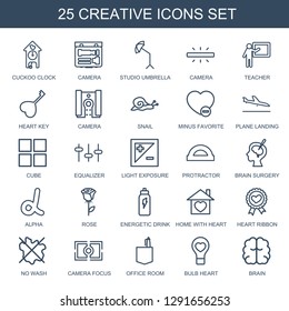 25 creative icons. Trendy creative icons white background. Included outline icons such as cuckoo clock, camera, studio umbrella, teacher, heart key. creative icon for web and mobile.