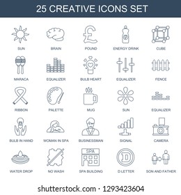 25 creative icons. Trendy creative icons white background. Included line icons such as sun, brain, pound, energy drink, cube, maraca, equalizer. creative icon for web and mobile.