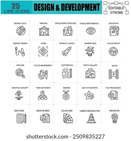 25 Creative Line Icons for Design and Development - Editable Vector Set Featuring Tools for Innovation, Graphic Design, and Project Management